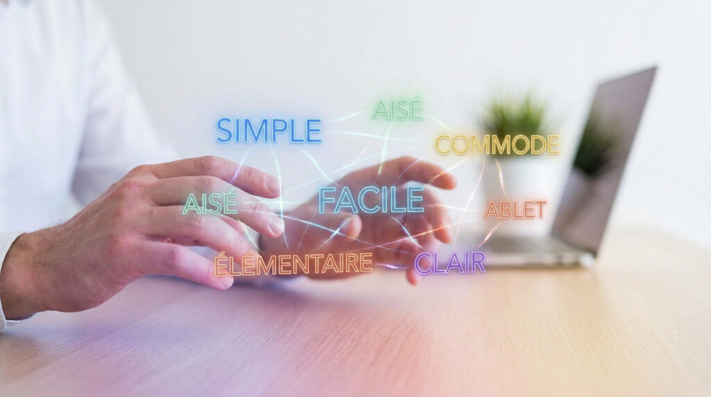 Mains interagissant avec des synonymes du mot facile en hologramme