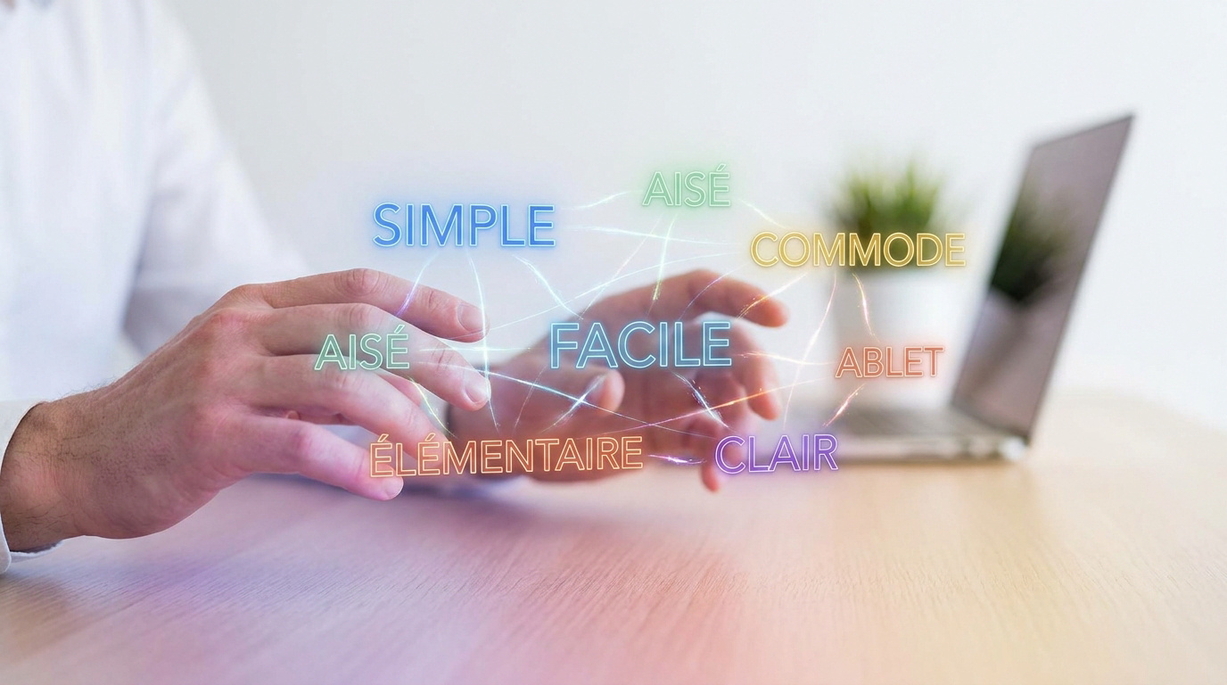 Mains interagissant avec des synonymes du mot facile en hologramme