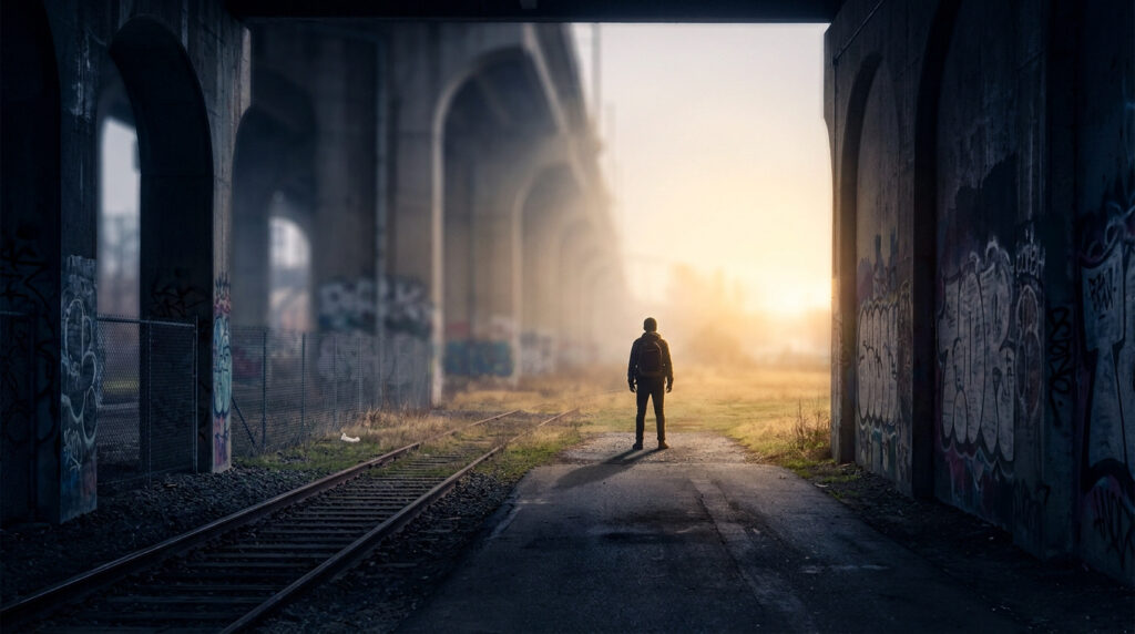 Une silhouette seule avec un sac à dos se tient sur une voie ferrée sous un pont recouvert de graffitis au coucher du soleil.