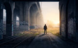 Une silhouette seule avec un sac à dos se tient sur une voie ferrée sous un pont recouvert de graffitis au coucher du soleil.