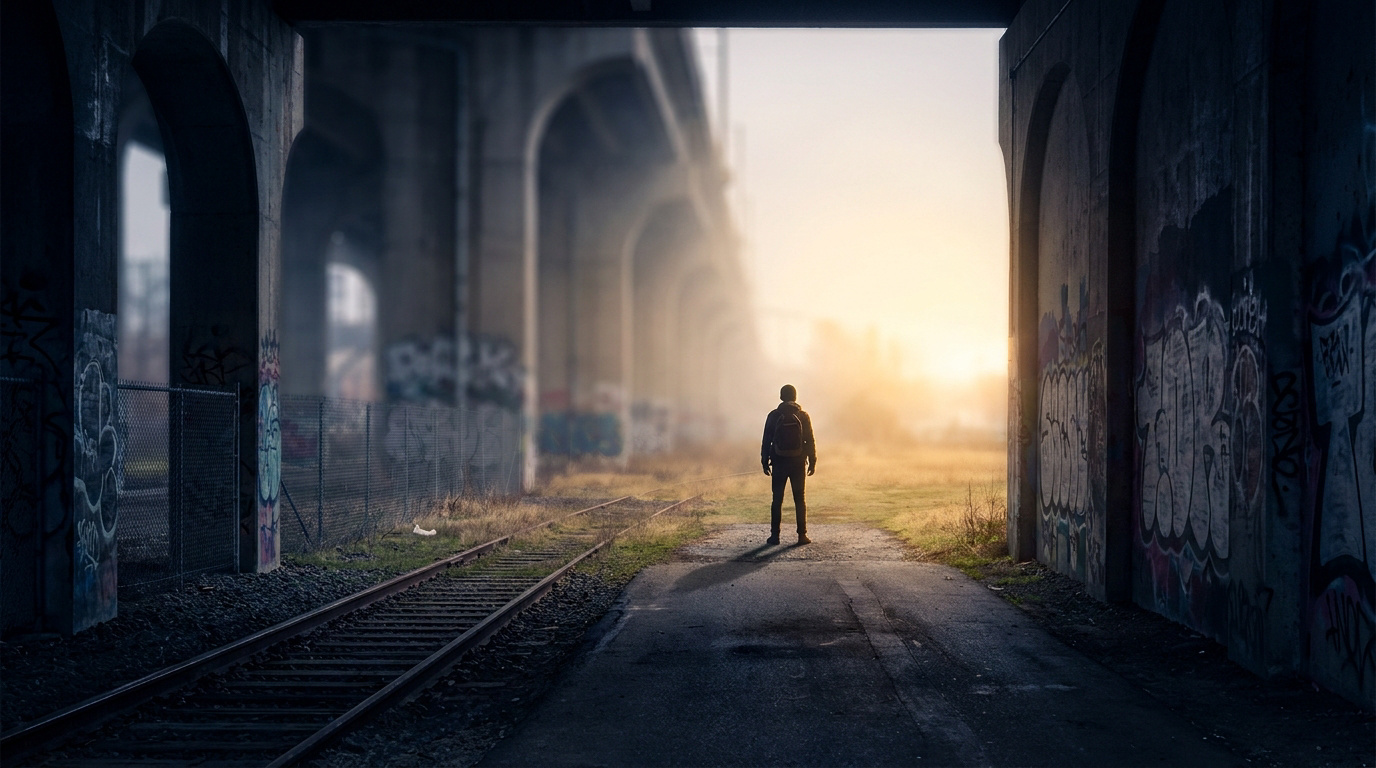 Une silhouette seule avec un sac à dos se tient sur une voie ferrée sous un pont recouvert de graffitis au coucher du soleil.