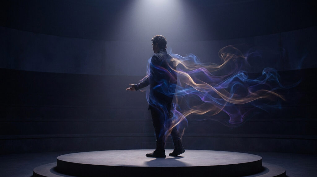 Un homme debout sur une scène circulaire, enveloppé par des traînées de fumée colorée sous un projecteur.