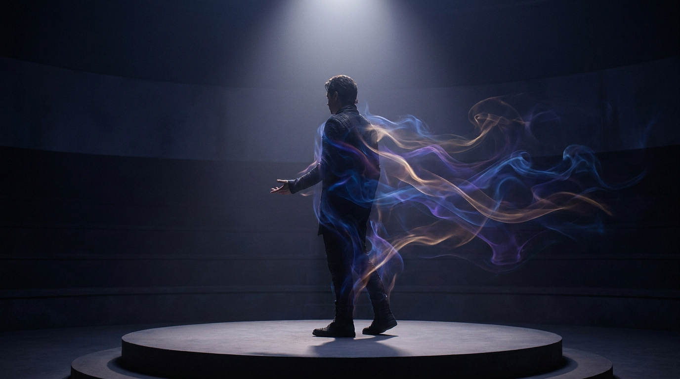 Un homme debout sur une scène circulaire, enveloppé par des traînées de fumée colorée sous un projecteur.