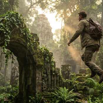 Nathan Drake avec un sac à dos sautant devant des ruines antiques envahies par la végétation dans une jungle lumineuse.
