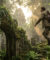 Nathan Drake avec un sac à dos sautant devant des ruines antiques envahies par la végétation dans une jungle lumineuse.