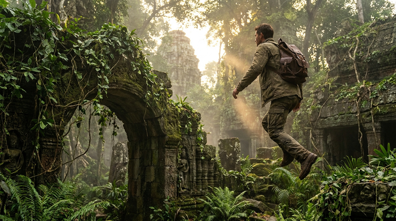 Nathan Drake avec un sac à dos sautant devant des ruines antiques envahies par la végétation dans une jungle lumineuse.