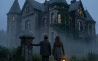 Deux enfants font face à un imposant manoir victorien sombre et brumeux dans le film Le Secret des Marrowbone.