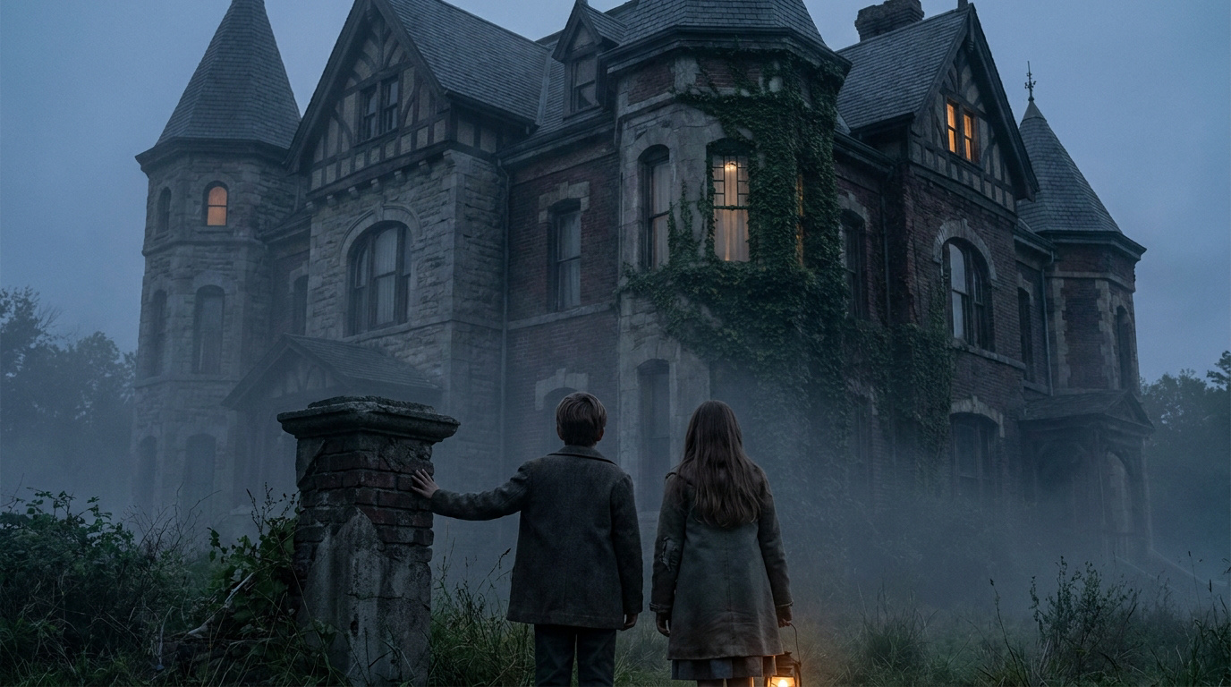 Deux enfants font face à un imposant manoir victorien sombre et brumeux dans le film Le Secret des Marrowbone.