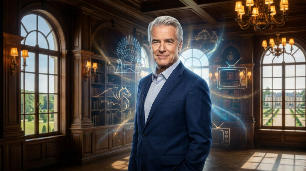 Portrait d'un homme élégant en costume devant une bibliothèque, entouré d'hologrammes de télévisions et de dragons.