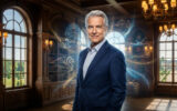 Portrait d'un homme élégant en costume devant une bibliothèque, entouré d'hologrammes de télévisions et de dragons.