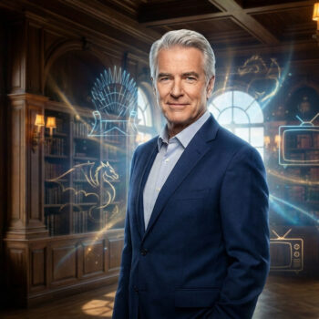Portrait d'un homme élégant en costume devant une bibliothèque, entouré d'hologrammes de télévisions et de dragons.