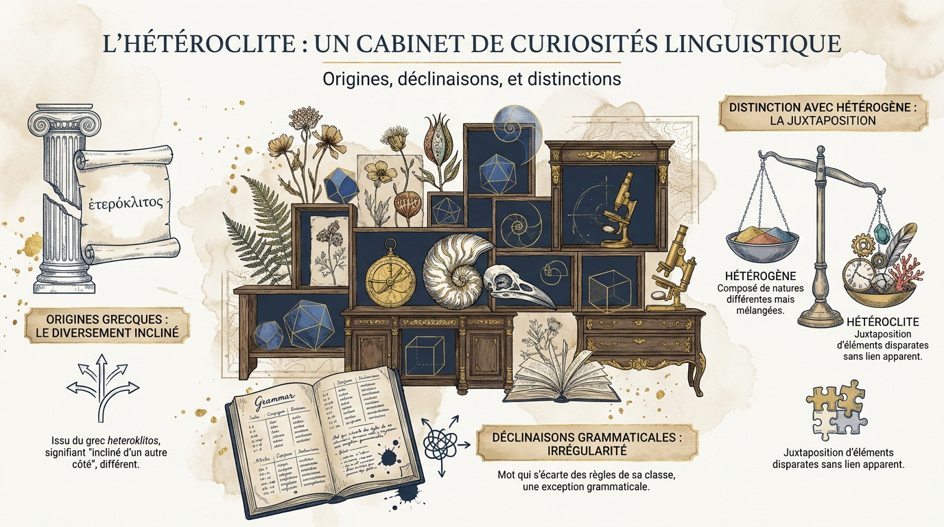 Illustration d'un cabinet de curiosités avec des objets hétéroclites et des lettres de l'alphabet