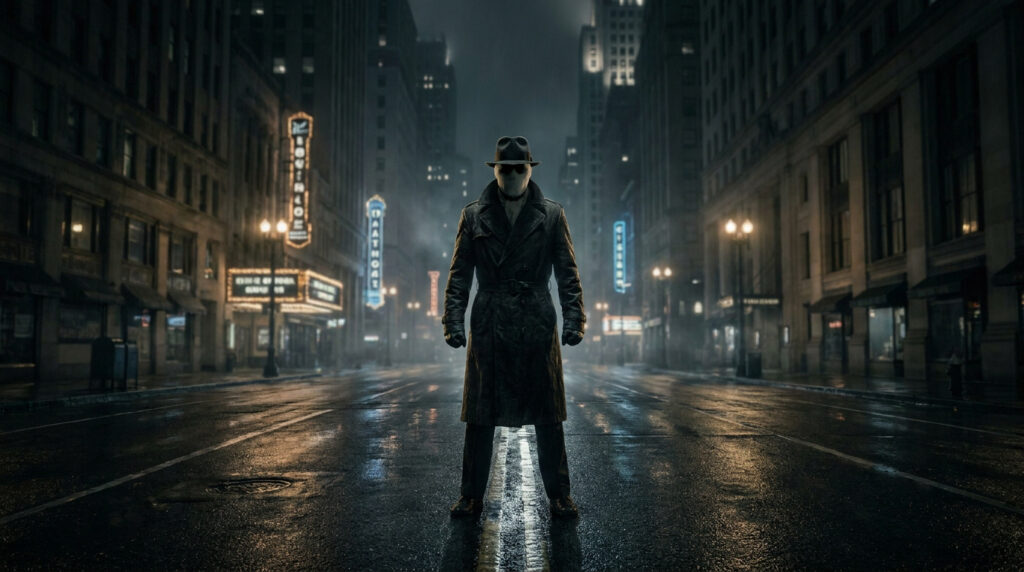 Un détective vêtu d'un trench-coat et d'un chapeau Fedora debout au milieu d'une rue sombre et pluvieuse la nuit.