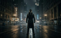 Un détective vêtu d'un trench-coat et d'un chapeau Fedora debout au milieu d'une rue sombre et pluvieuse la nuit.