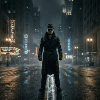 Un détective vêtu d'un trench-coat et d'un chapeau Fedora debout au milieu d'une rue sombre et pluvieuse la nuit.