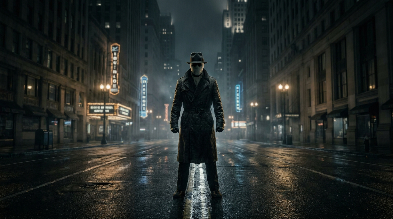 Un détective vêtu d'un trench-coat et d'un chapeau Fedora debout au milieu d'une rue sombre et pluvieuse la nuit.