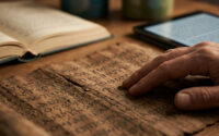 Main touchant un papyrus ancien avec un livre et une tablette en arrière-plan.
