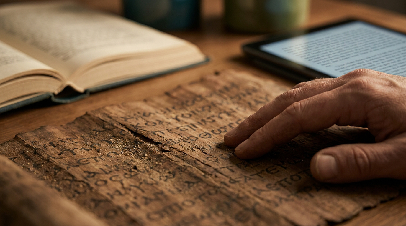 Main touchant un papyrus ancien avec un livre et une tablette en arrière-plan.