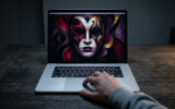 Un ordinateur portable affichant un masque dramatique style Phantom of the Paradise sur un bureau en bois sombre.