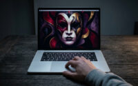 Un ordinateur portable affichant un masque dramatique style Phantom of the Paradise sur un bureau en bois sombre.