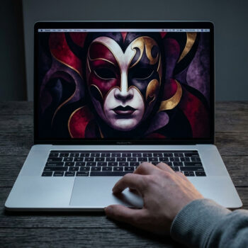 Un ordinateur portable affichant un masque dramatique style Phantom of the Paradise sur un bureau en bois sombre.