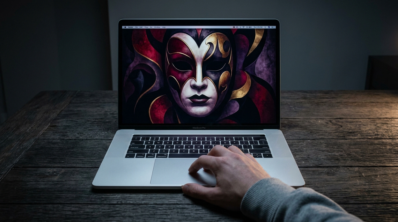 Un ordinateur portable affichant un masque dramatique style Phantom of the Paradise sur un bureau en bois sombre.
