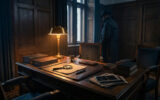 Un détective en trench-coat debout devant une fenêtre dans un bureau sombre, éclairé par une lampe de bureau dorée.