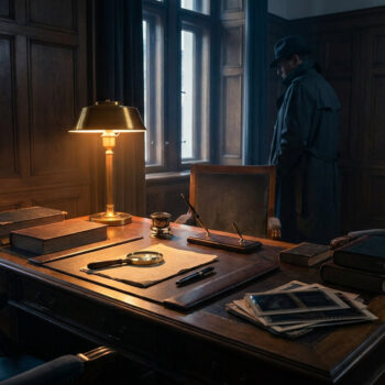 Un détective en trench-coat debout devant une fenêtre dans un bureau sombre, éclairé par une lampe de bureau dorée.