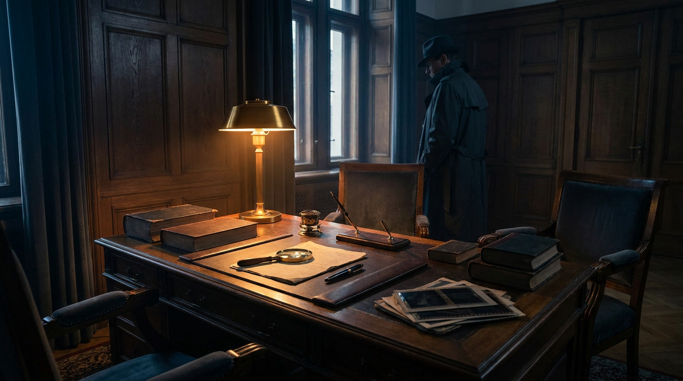 Un détective en trench-coat debout devant une fenêtre dans un bureau sombre, éclairé par une lampe de bureau dorée.