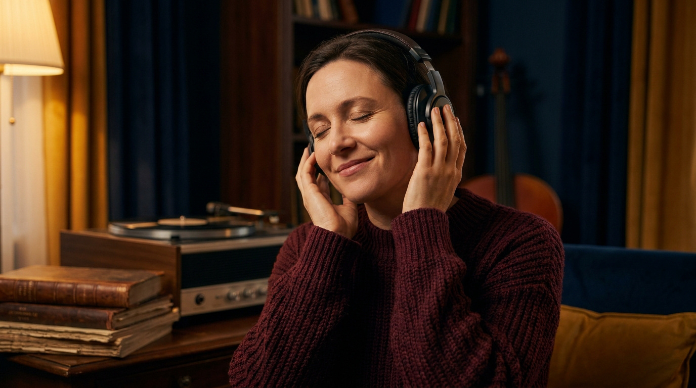 Femme écoutant de la musique avec un casque audio les yeux fermés dans un salon confortable.