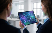 Deux collègues regardent une tablette affichant des graphiques futuristes sur la planification de carrière pour 2026.