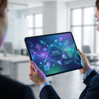Deux collègues regardent une tablette affichant des graphiques futuristes sur la planification de carrière pour 2026.