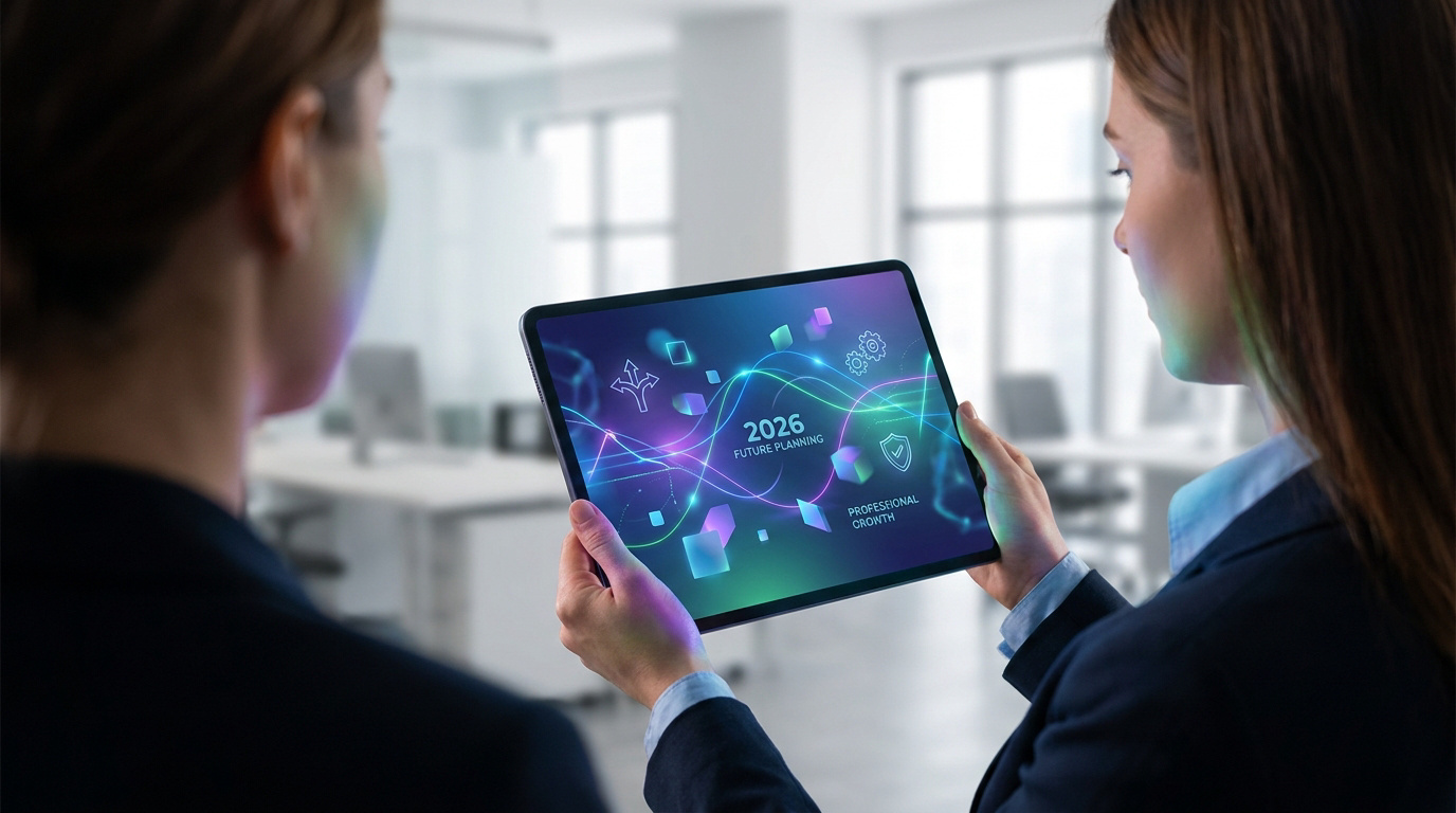 Deux collègues regardent une tablette affichant des graphiques futuristes sur la planification de carrière pour 2026.