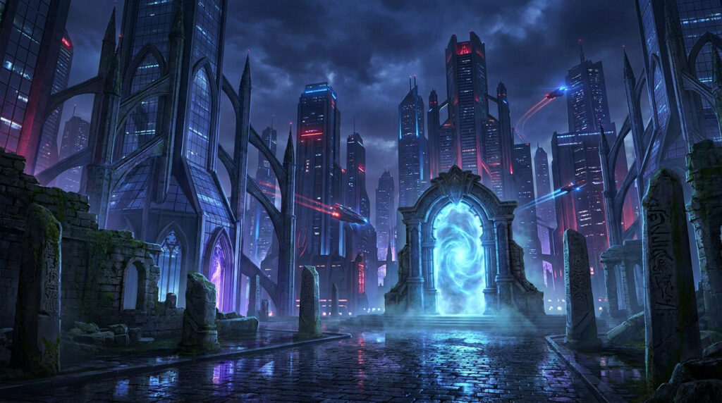 Une ville futuriste avec des gratte-ciel, des vaisseaux et un portail magique brillant au milieu de ruines anciennes.