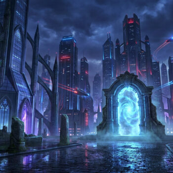 Une ville futuriste avec des gratte-ciel, des vaisseaux et un portail magique brillant au milieu de ruines anciennes.