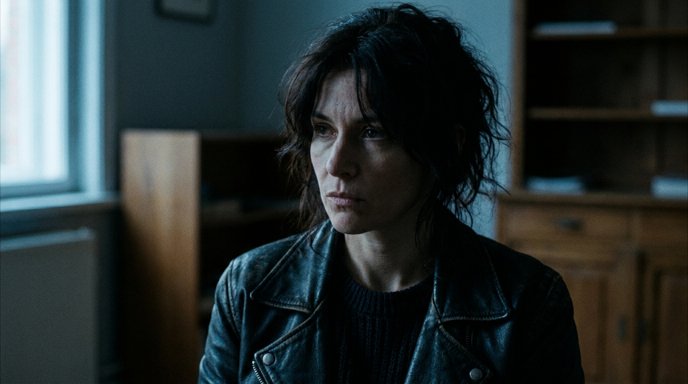 Portrait d'une femme aux cheveux bruns ébouriffés portant une veste en cuir, regardant au loin avec une expression sombre.