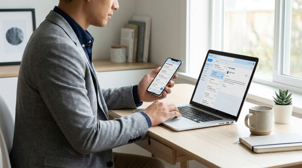 Un étudiant en veste grise consulte ses emails sur son ordinateur et son smartphone dans un bureau lumineux.