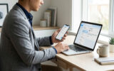 Un étudiant en veste grise consulte ses emails sur son ordinateur et son smartphone dans un bureau lumineux.