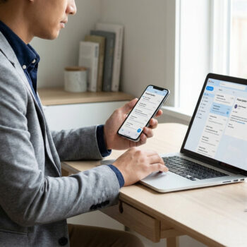 Un étudiant en veste grise consulte ses emails sur son ordinateur et son smartphone dans un bureau lumineux.