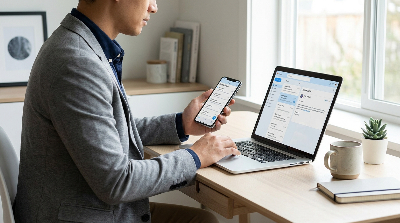 Un étudiant en veste grise consulte ses emails sur son ordinateur et son smartphone dans un bureau lumineux.