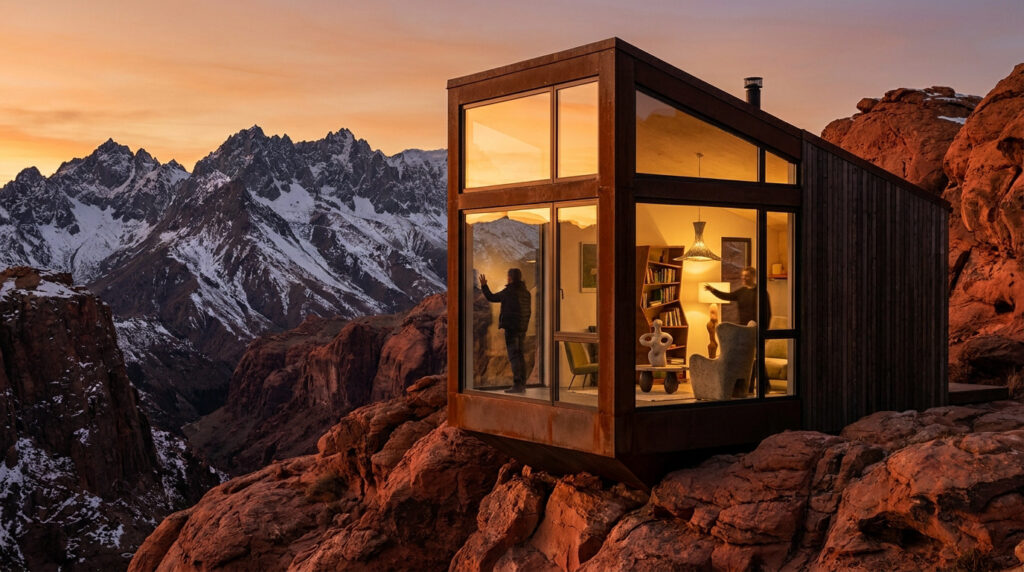 Une cabine moderne en verre sur une falaise face à des montagnes enneigées sous un coucher de soleil doré.