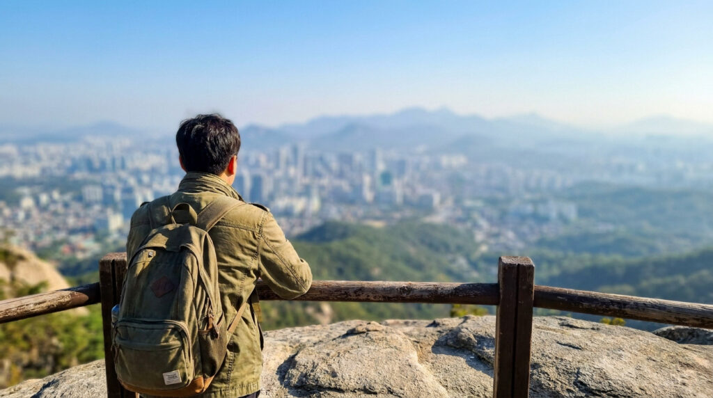 Un jeune homme avec un sac à dos regarde une ville floue depuis un sommet montagneux.