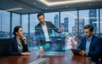 Trois professionnels en costume analysent des données financières holographiques dans un bureau moderne avec vue sur la ville.
