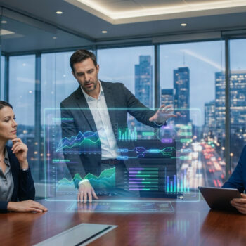 Trois professionnels en costume analysent des données financières holographiques dans un bureau moderne avec vue sur la ville.