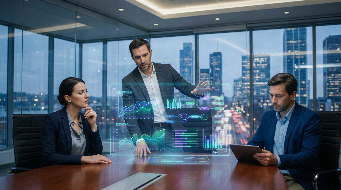 Trois professionnels en costume analysent des données financières holographiques dans un bureau moderne avec vue sur la ville.