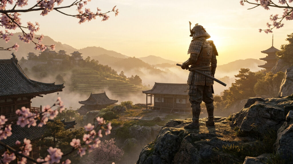 Un samouraï en armure contemplant un paysage japonais montagneux et brumeux au lever du soleil avec des fleurs de cerisier.