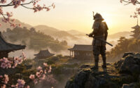 Un samouraï en armure contemplant un paysage japonais montagneux et brumeux au lever du soleil avec des fleurs de cerisier.