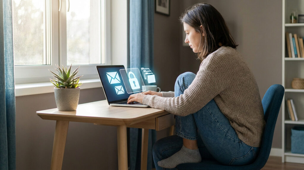 Une femme utilisant un ordinateur portable avec des icônes numériques de sécurité, de cadenas et d'e-mails à l'écran.