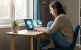 Une femme utilisant un ordinateur portable avec des icônes numériques de sécurité, de cadenas et d'e-mails à l'écran.
