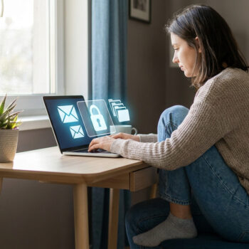 Une femme utilisant un ordinateur portable avec des icônes numériques de sécurité, de cadenas et d'e-mails à l'écran.